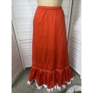 VTG 70s Handmade Red Prairie Maxi Skirt Boho Cottagecore Eyelet Lace X Large